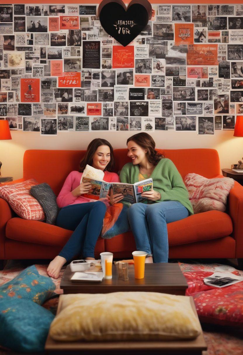 A cozy living room scene featuring a couple on a couch, surrounded by streaming icons and a variety of movie posters showcasing classic romantic comedies and lesser-known dramas. A warm ambiance with popcorn and blankets, reflecting the joy of binge-watching together. Illustrate a film reel weaving through the background with hearts and laughter symbols. vibrant colors. cozy atmosphere. super-realistic.