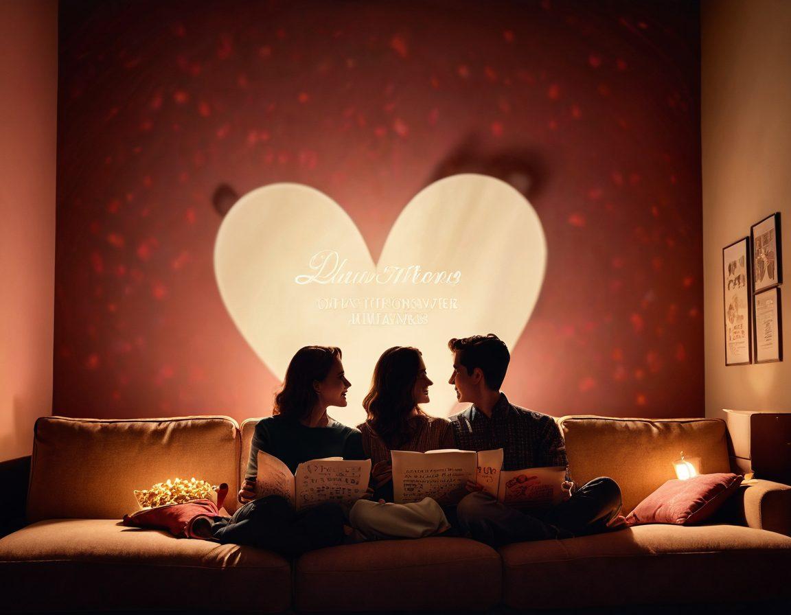 A cozy cinema setting with a vintage projector casting heart-shaped shadows on the wall, a couple sharing popcorn while watching a classic romantic film, surrounded by soft, warm lighting and scattered love letters. Inviting and nostalgic atmosphere. super-realistic. vibrant colors. warm tones.