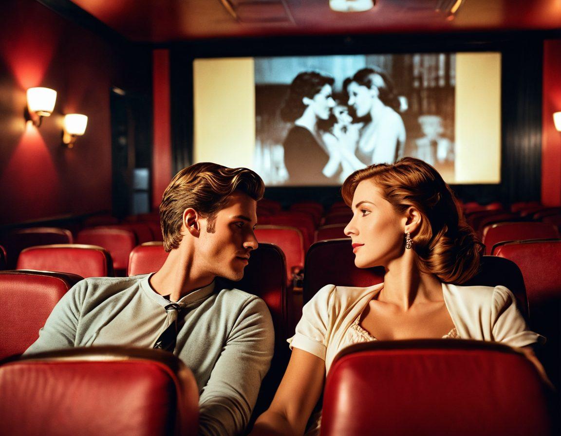 An intimate movie theater with warm lighting, featuring a couple watching a romantic thriller, their hands entwined. The screen displays vibrant scenes of passionate moments and suspenseful plots. Surrounding them are framed posters of classic soulmate films, adding a vintage feel. Emphasize the emotion captured in their faces, embodying love and thrill. cinematic art. warm colors. vintage style.